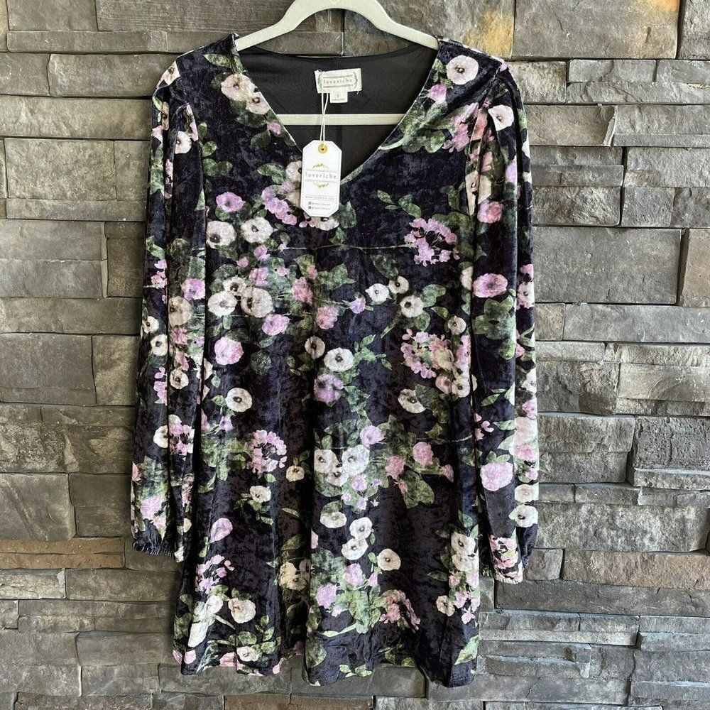 Loveriche Womens Black Floral Velvet Long‎ Balloon Sleeve V Neck A-Line Dress